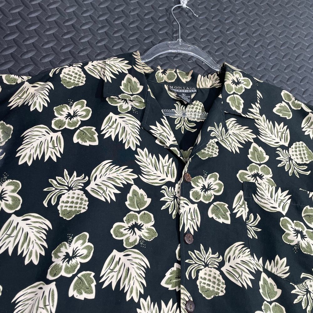 Montage Microfiber Dark Green Hawaiian Floral Pineapple Button Up Shirt Men's XL